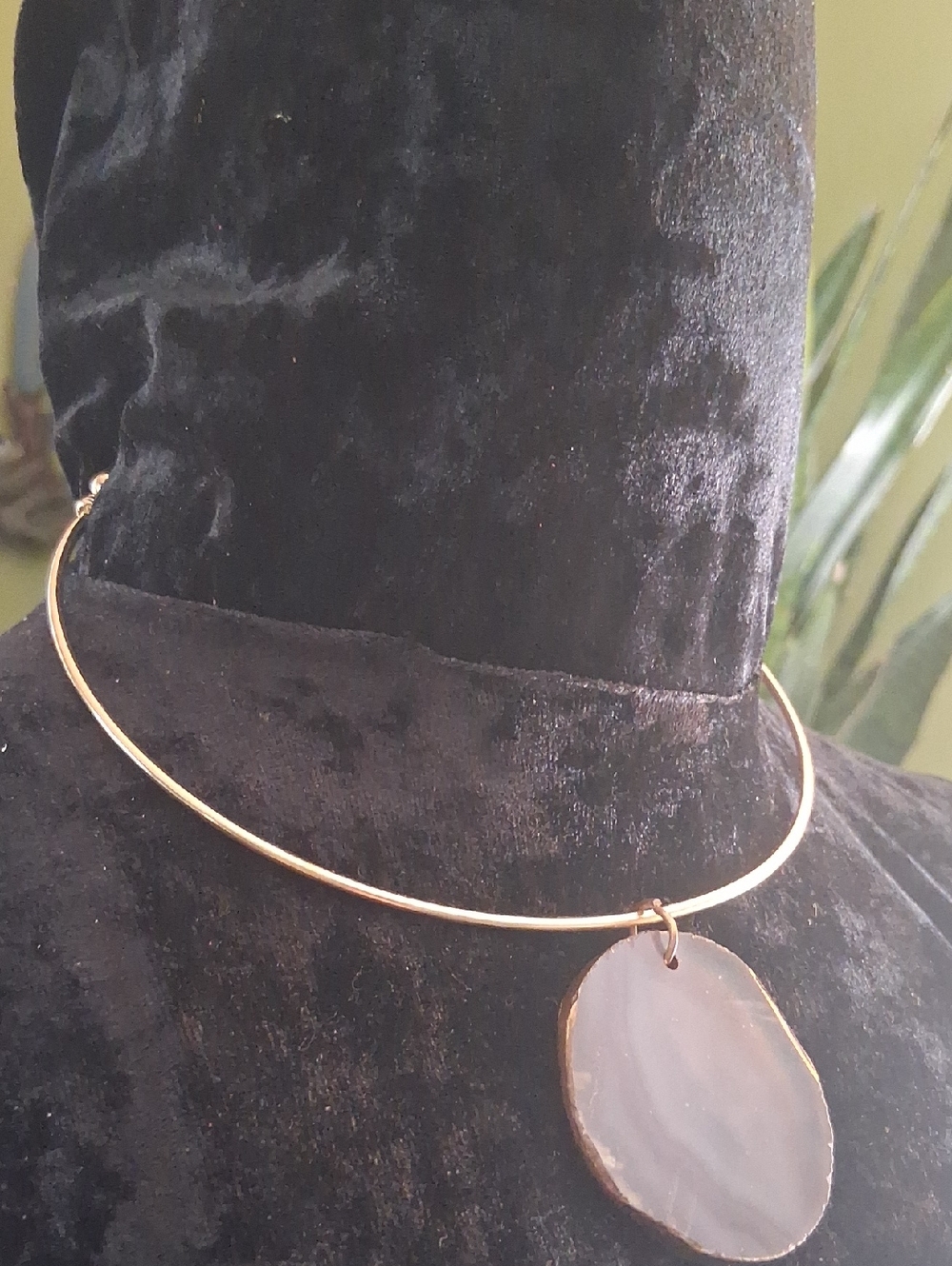 Gold Choker Necklace with Gray & Lavander Agate Pendant